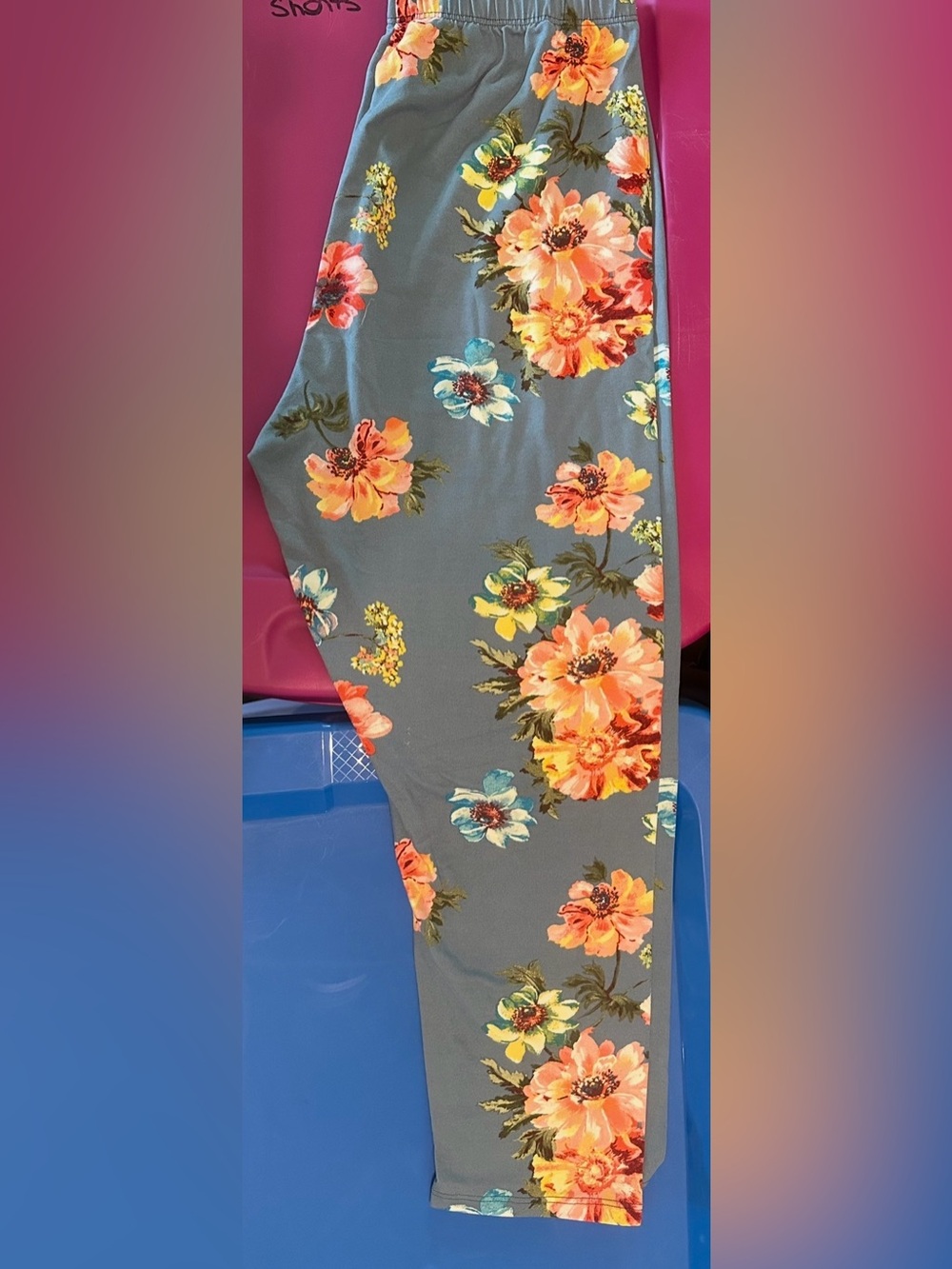 #1107 Floral Elastic Waist Leggings- Blue with Pink Orange Flowers SZ Large